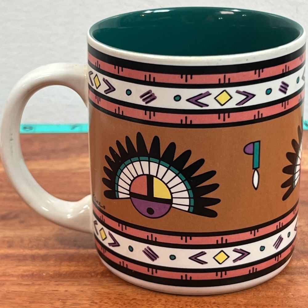 Vintage Kane‎ Kachina Southwestern Sunface Coffee Mug Teal Interior Ceramic